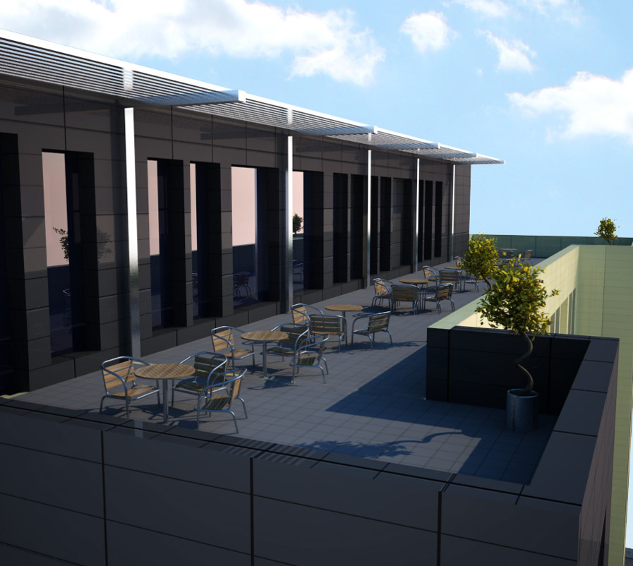 Architectural rendering of a building and terrace from the project management section