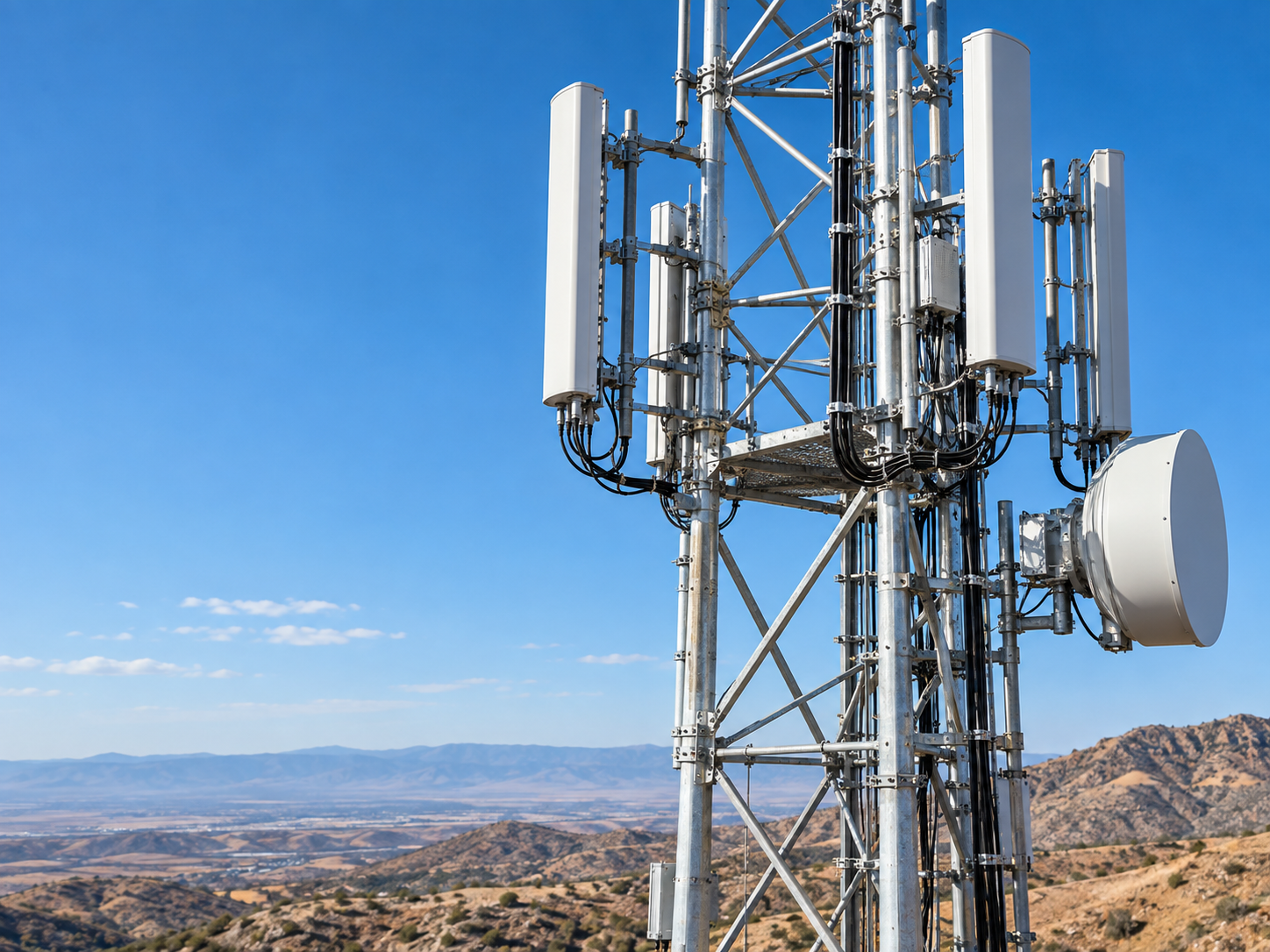 Illustrative telecommunications tower with panel antennas and a microwave dish