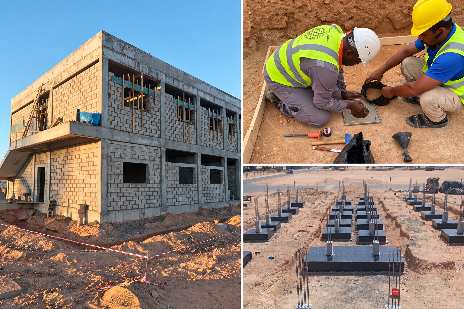 Collage of the laboratory building, ground testing and concrete foundations